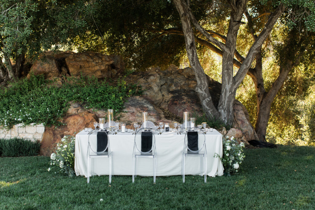 Elegant outdoor dining setup with a white tablecloth table, ornate chairs, and tableware by a Charlotte nc wedding planner, positioned against a natural rock and tree backdrop.