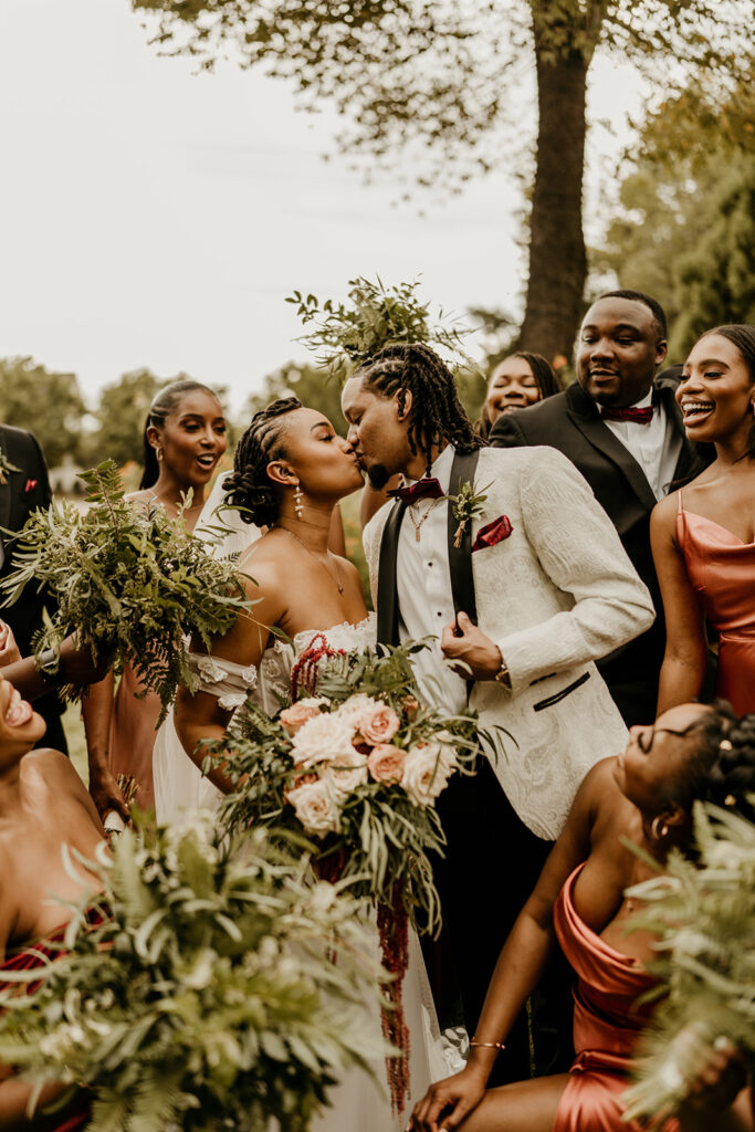 Bride and Groom Portraits with wedding party- Fall themed Rock Hill SC wedding at Brakefield at Riverwalk- photos by Chantelle Jordan Photography