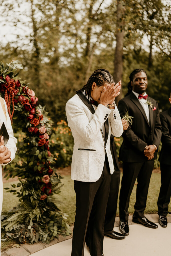 Groom altar Portraits- Fall themed Rock Hill SC wedding at Brakefield at Riverwalk- photos by Chantelle Jordan Photography
