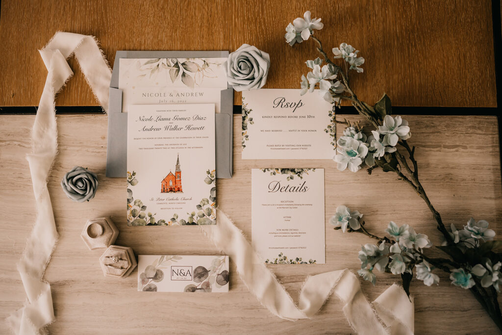 Watercolor Invitation of Charlotte NC Cathedral- wedding by Charlotte Wedding Planner Crafted Charm
