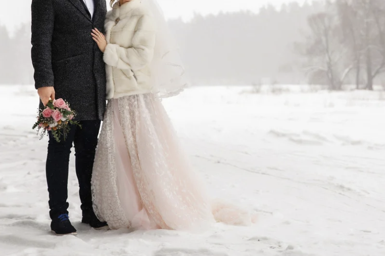 winter wedding bride and groom portrait