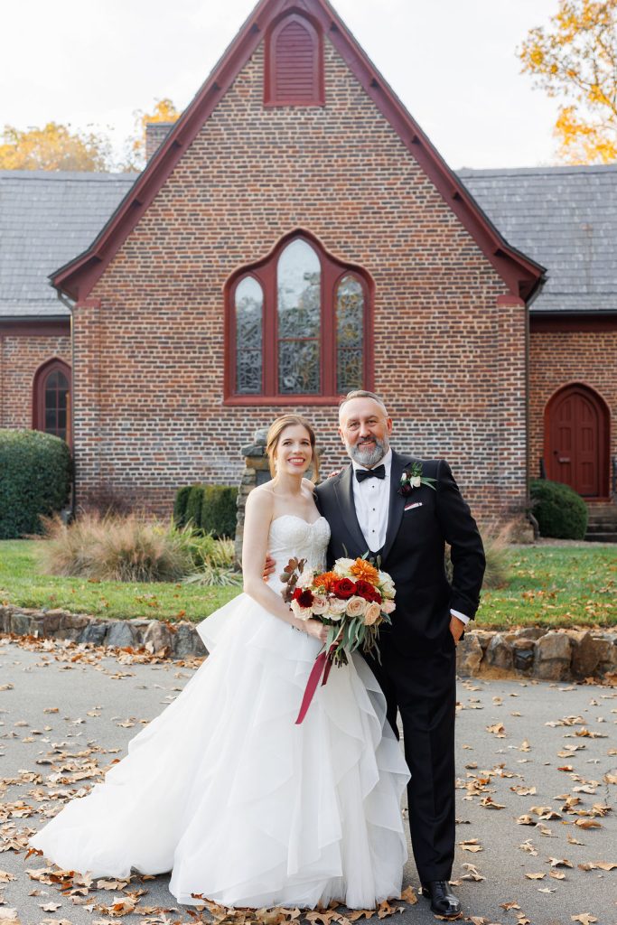 Bride and Groom at Wedding at The Rafters at Historic St. Mark’s- Huntersville, NC wedding- fall theme wedding