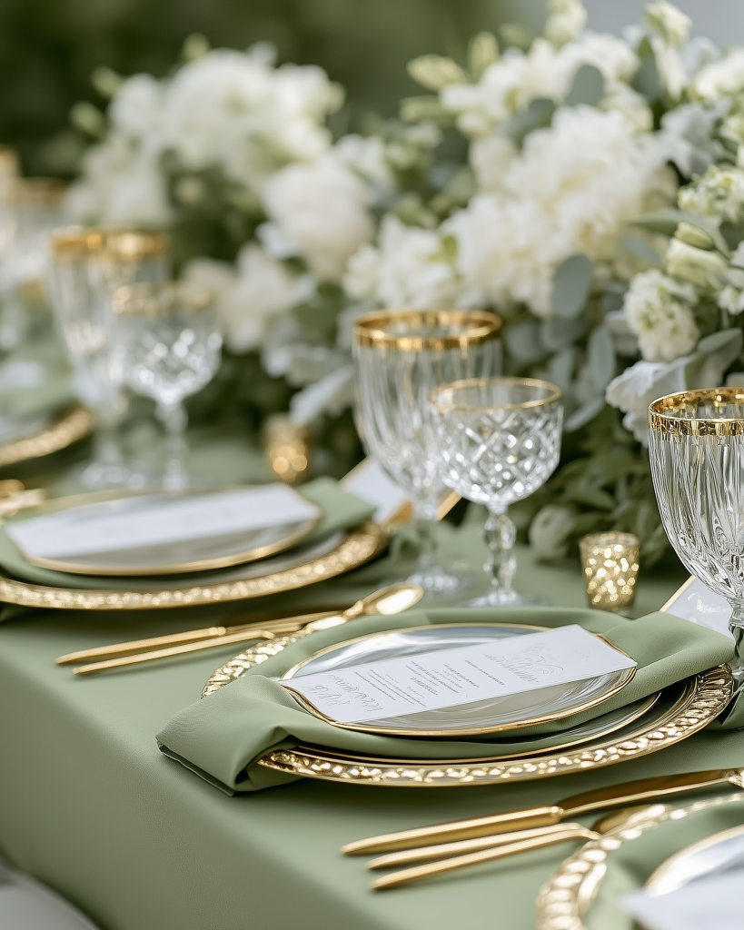 luxury wedding place setting rentals- luxury Charlotte wedding design in sage green