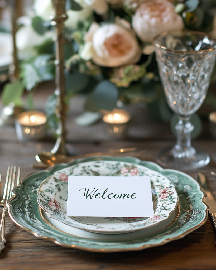 luxury wedding place setting rentals- luxury Charlotte wedding design in sage green