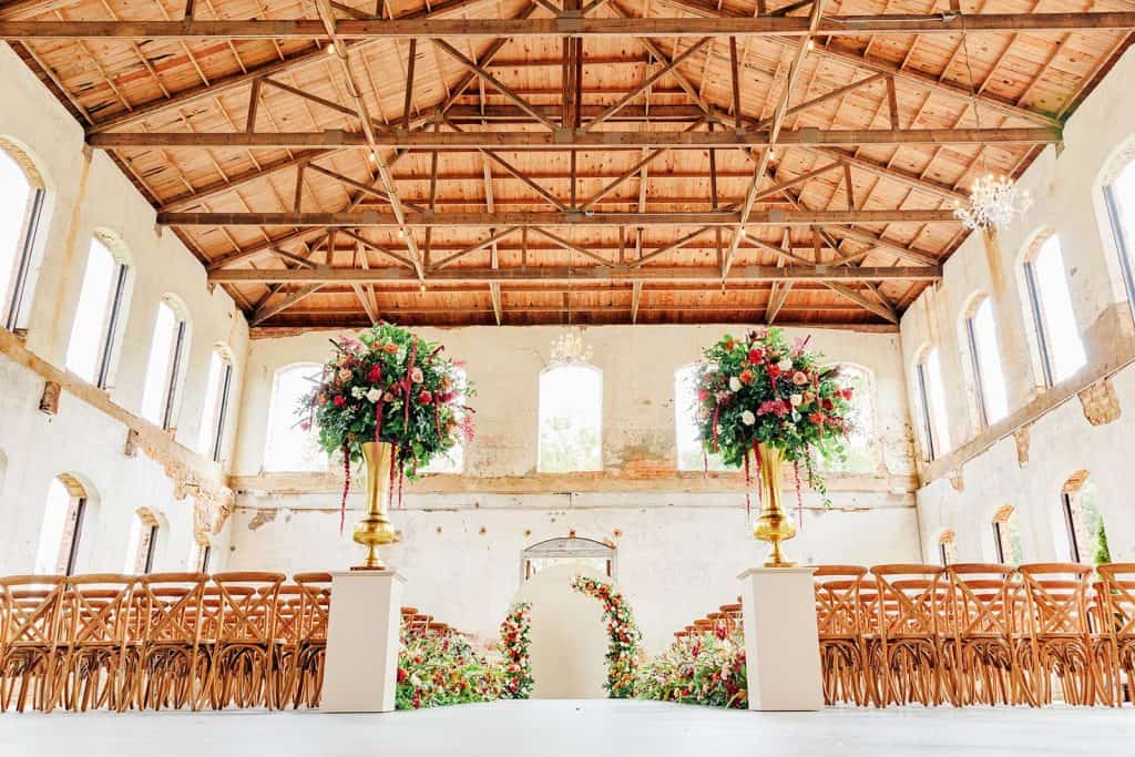Providence Cotton Mill Wedding Ceremony and colorful florals- Him_&_Her_Photography