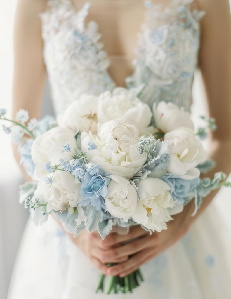 blue and white bridal wedding bouquet- blue and white wedding dress