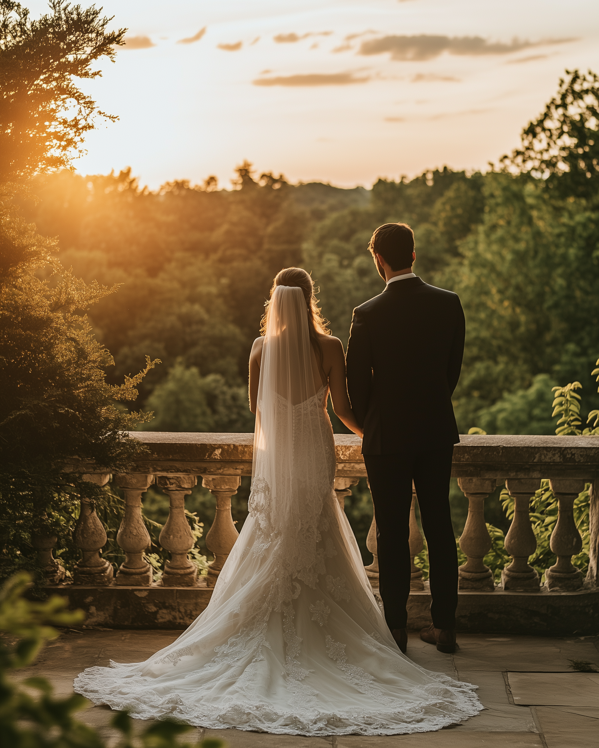 Dusk Late Summer Wedding- Bride and Groom Portraits on Balcony