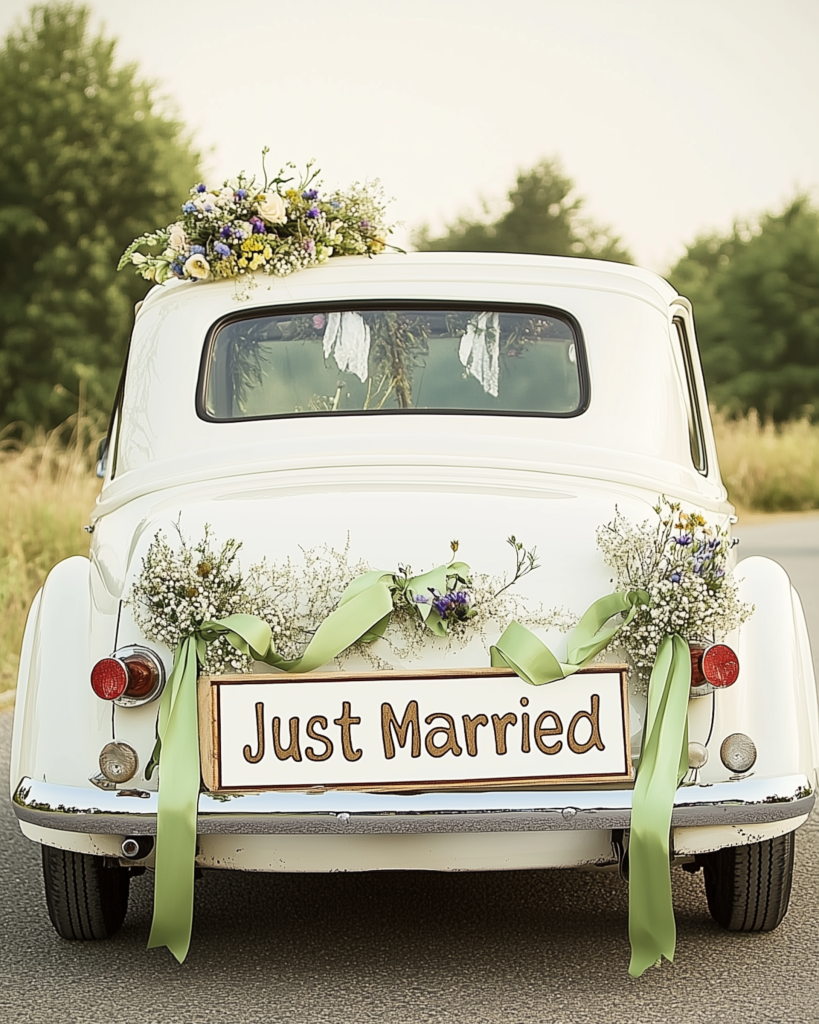 vintage classic car at wedding- getaway classic wedding car