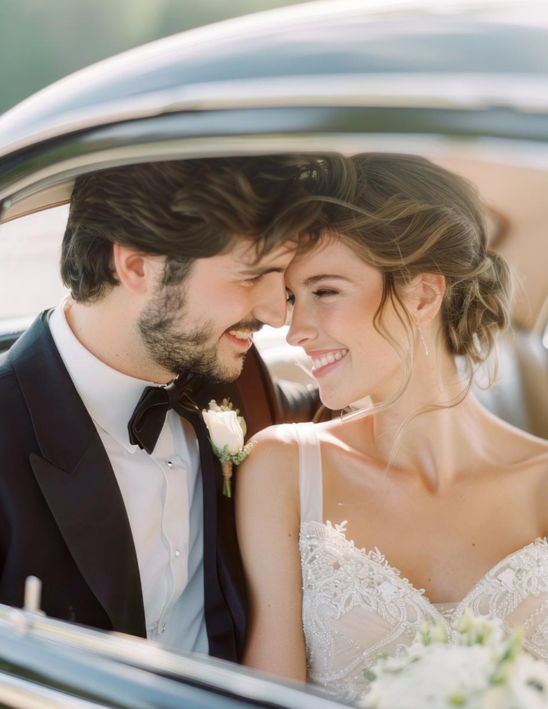 luxury wedding- classic car- bride and groom