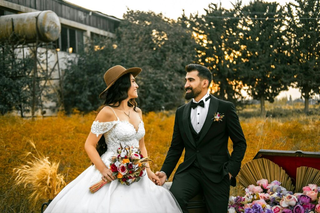 fall weather wedding plan- bride and groom portrait