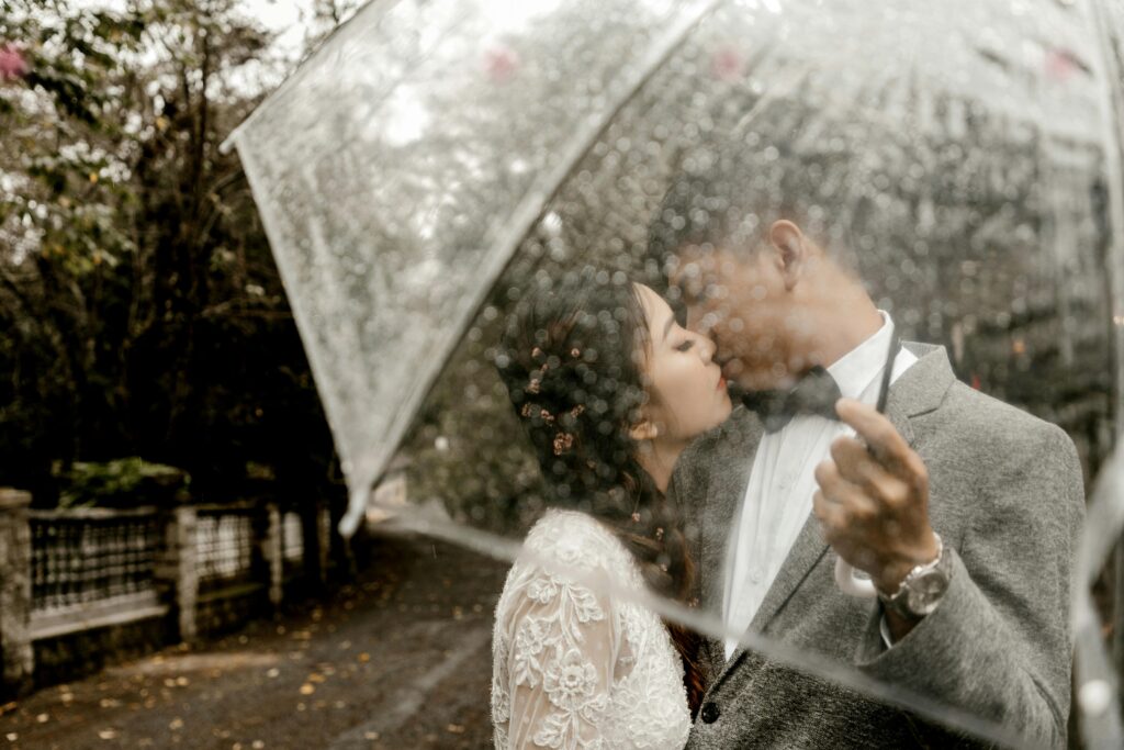 fall rainy weather wedding plan- bride and groom portrait