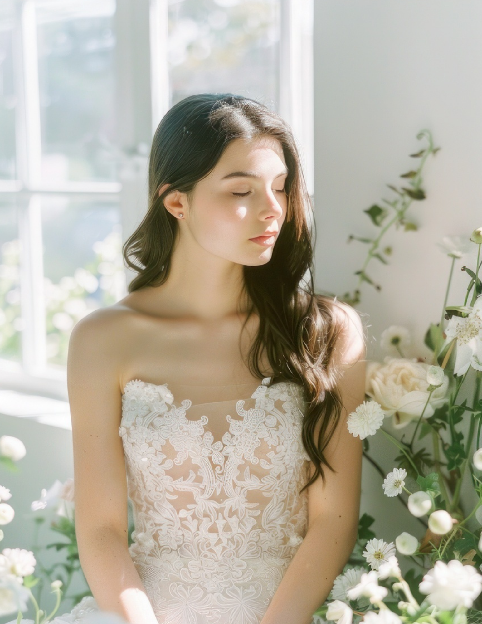 bridal portrait by window with flowers