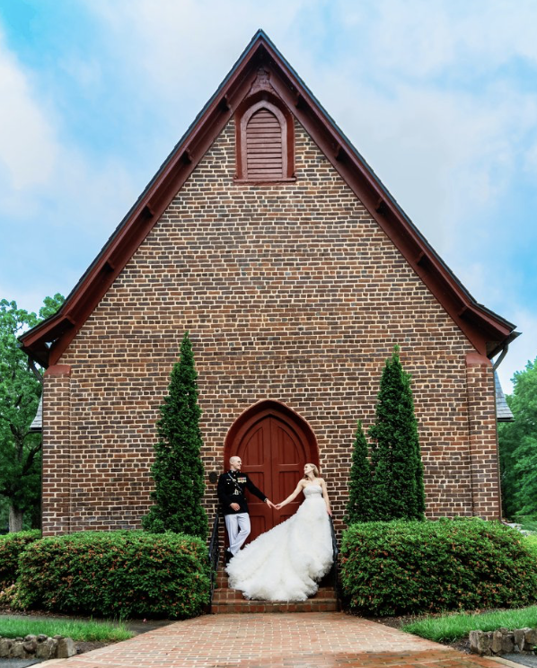 The Rafters at Historic St. Marks- Huntersville, NC- wedding venue- historic venue- bride and groom at chapel