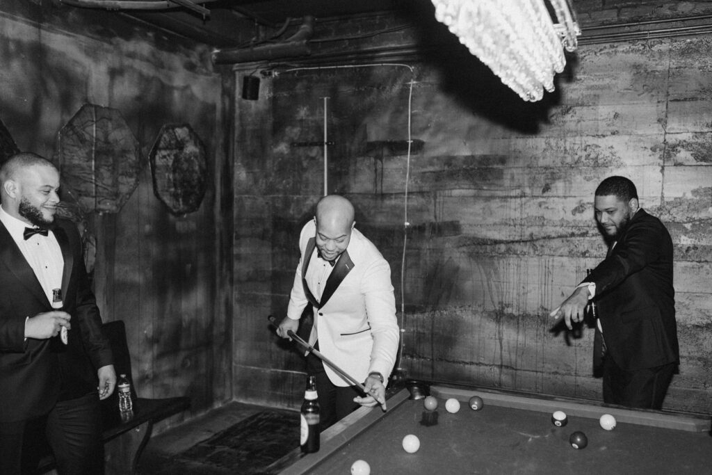 Winter Moody Wedding- Uptown Indigo- Shelby, NC Wedding- Groom playing pool
