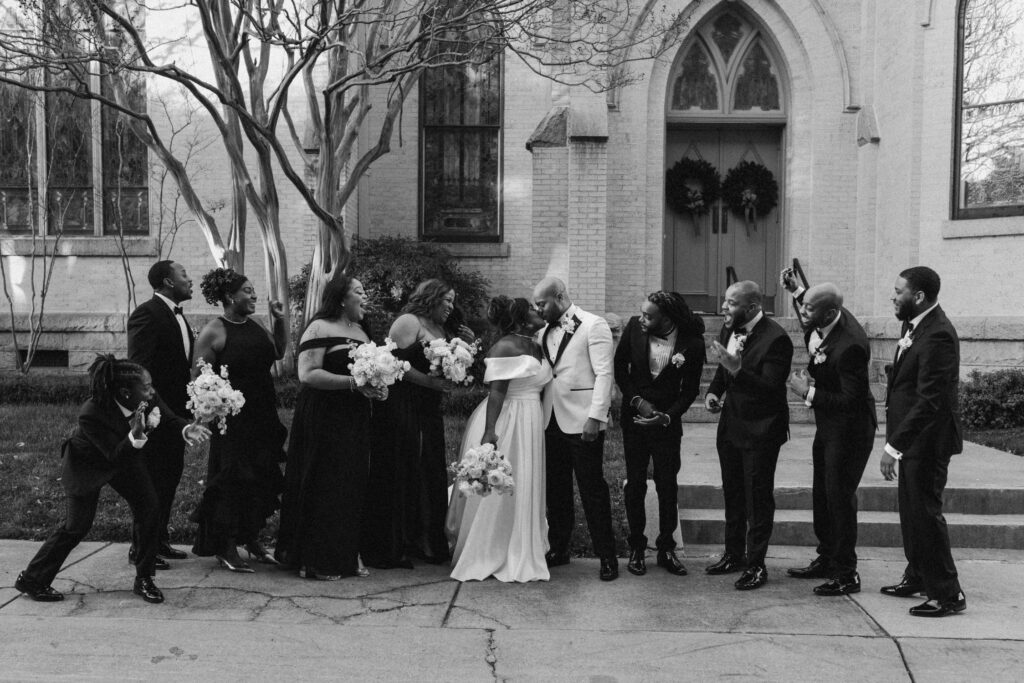 Winter Moody Wedding- Uptown Indigo- Shelby, NC Wedding- Bride and Groom with Bridal Party