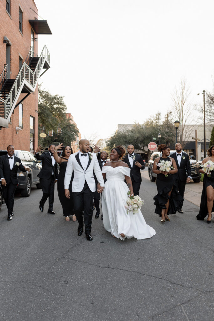 Winter Moody Wedding- Uptown Indigo- Shelby, NC Wedding- Bride and Groom with Wedding Party