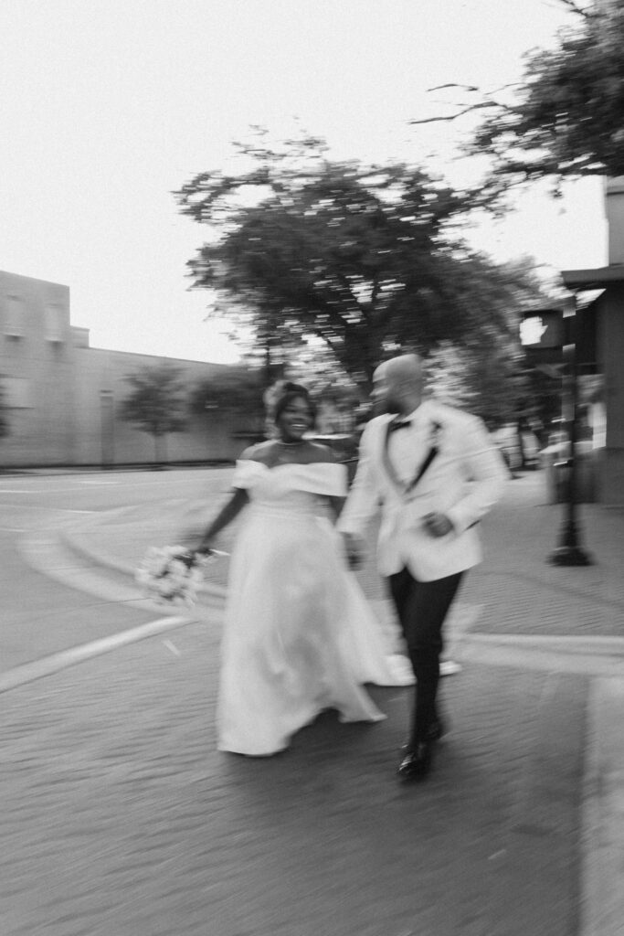 Winter Moody Wedding- Uptown Indigo- Shelby, NC Wedding- Bride and Groom crossing street