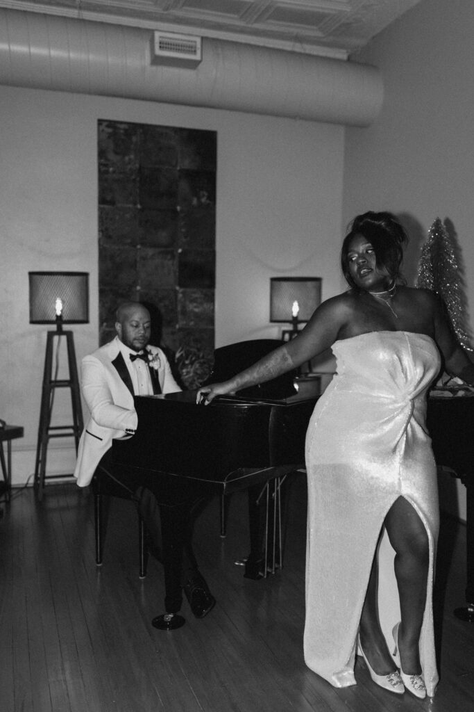 Winter Moody Wedding- Uptown Indigo- Shelby, NC Wedding- Bride and Groom playing piano