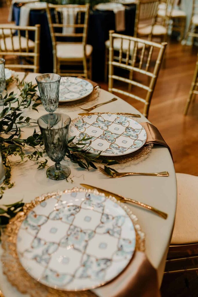 wedding with navy, sage and blush in uptown Charlotte, nc at the mint museum uptown with an art deco wedding style