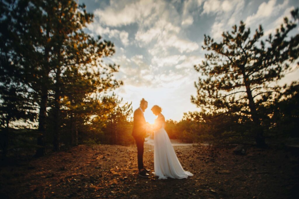 bride and groom portrait in scenic area of woods
