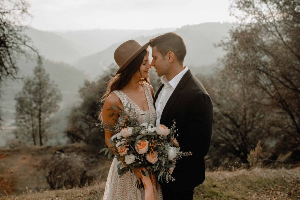 bride and groom portrait in scenic area of woods