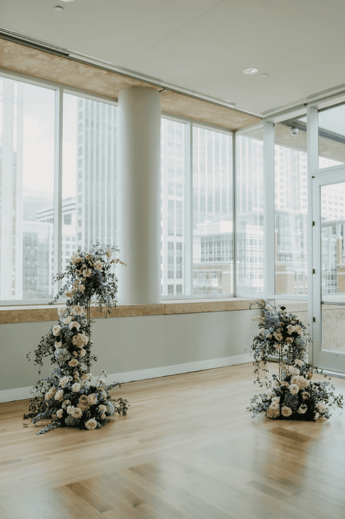 ceremony floral arches- wedding with navy, sage and blush in uptown Charlotte, nc at the mint museum uptown with an art deco wedding style