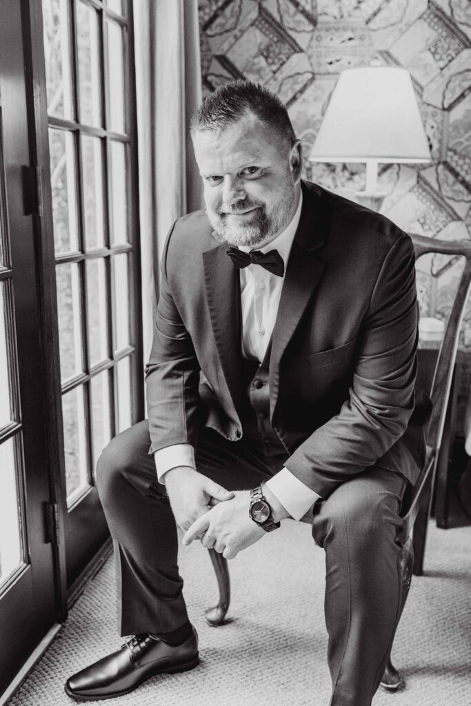groom portrait at the Morehead inn in Charlotte nc at a luxury estate wedding