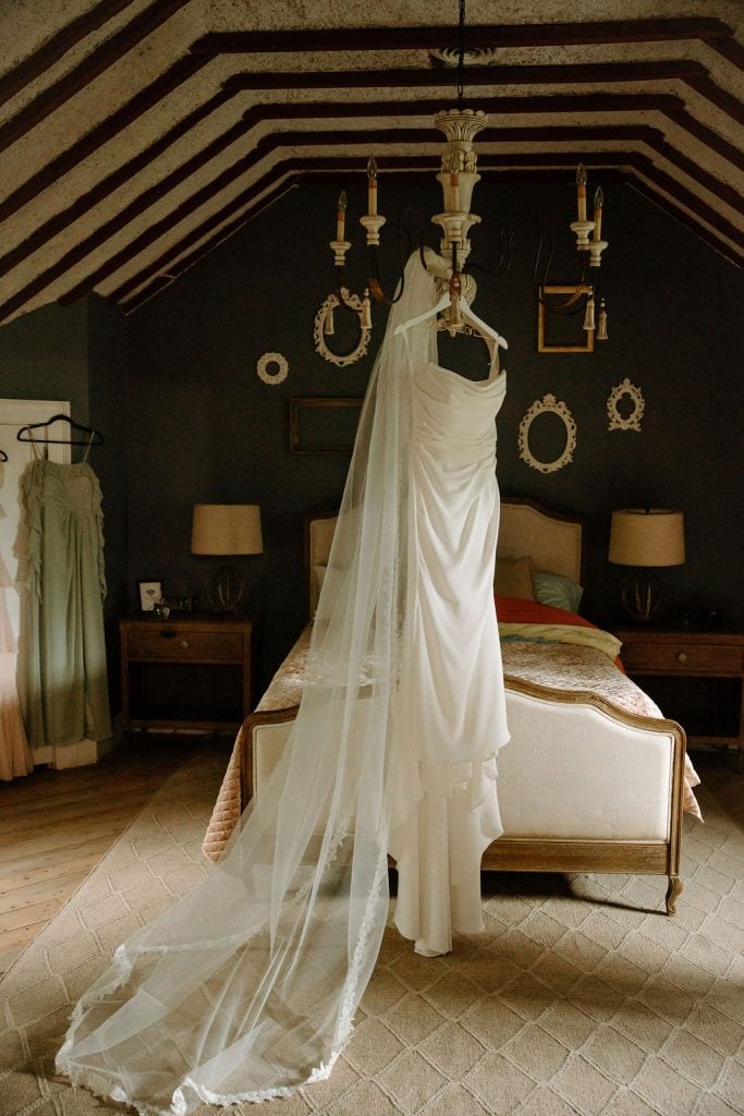 bridal dress hanging in suite at the Historic Robertson Homestead in Rock Hill, SC