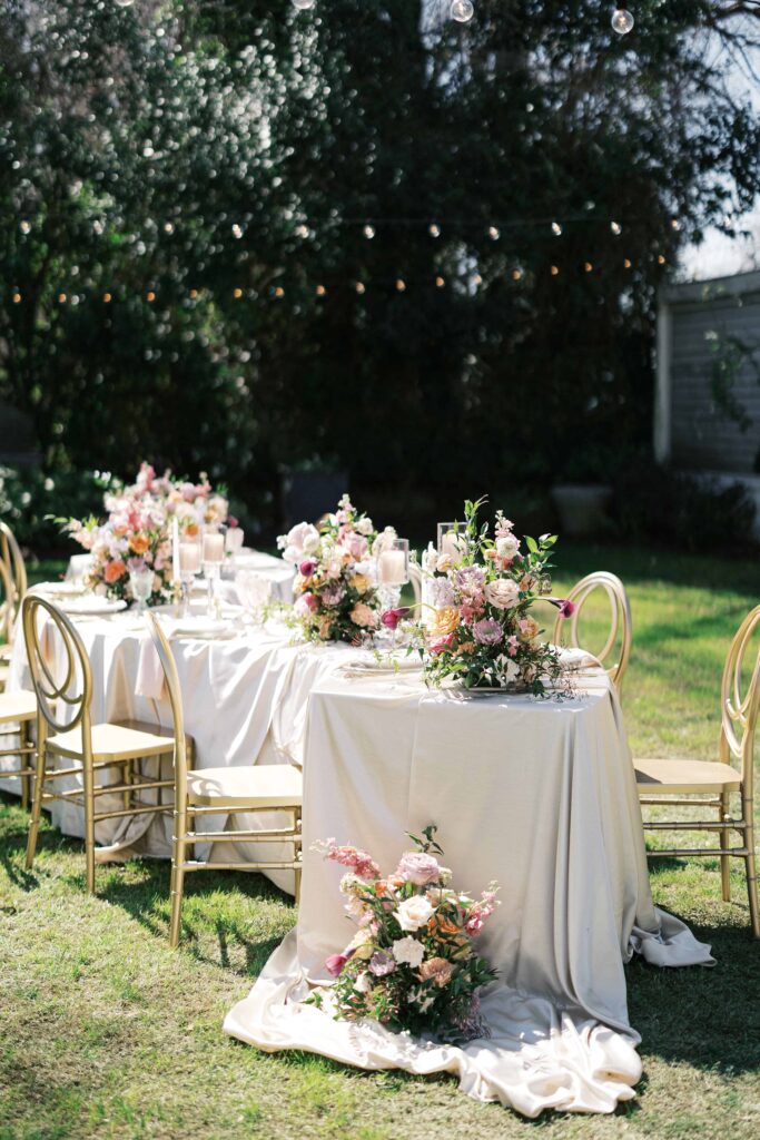Luxury Spring Color Southern Wedding at Separk Mansion in Gastonia NC by Crafted Charm- outdoor reception with floral plates, draping linens, elegant candles