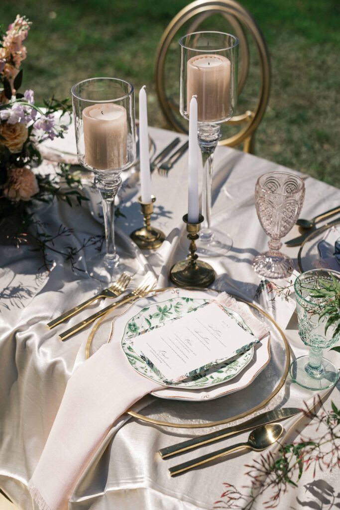 Luxury Spring Color Southern Wedding at Separk Mansion in Gastonia NC by Crafted Charm- outdoor reception with floral plates, draping linens, elegant candles