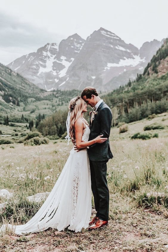 mountain wedding with bride and groom portrait
