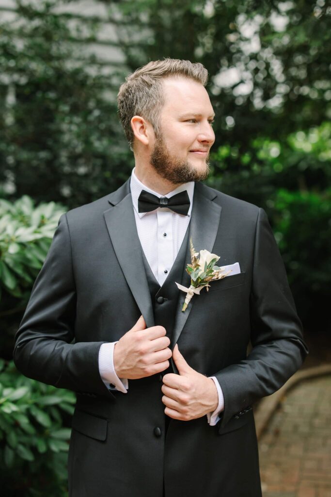 groom portraits, at The Morehead Inn in Charlotte NC following a ceremony