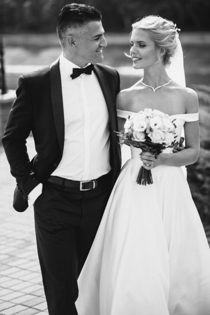 bride and groom portrait in black and white