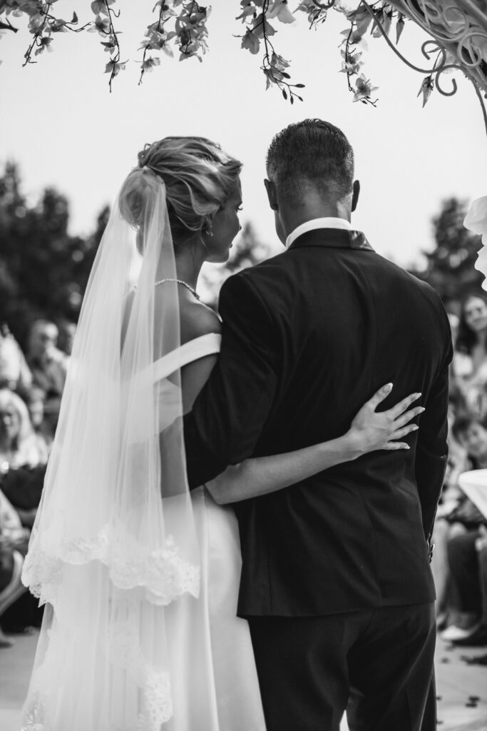 bride and groom portrait in black and white