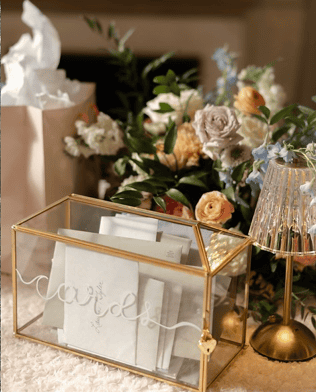 spring wedding flowers on card table in Charlotte NC at VanLandingham Estate